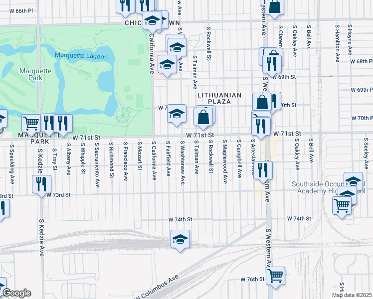 map of restaurants, bars, coffee shops, grocery stores, and more near 7151 South Washtenaw Avenue in Chicago