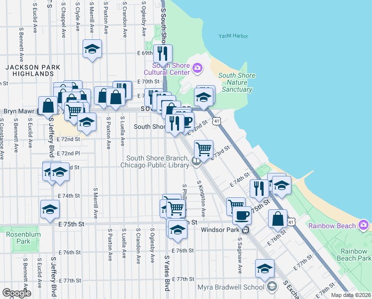 map of restaurants, bars, coffee shops, grocery stores, and more near 7222 South Exchange Avenue in Chicago