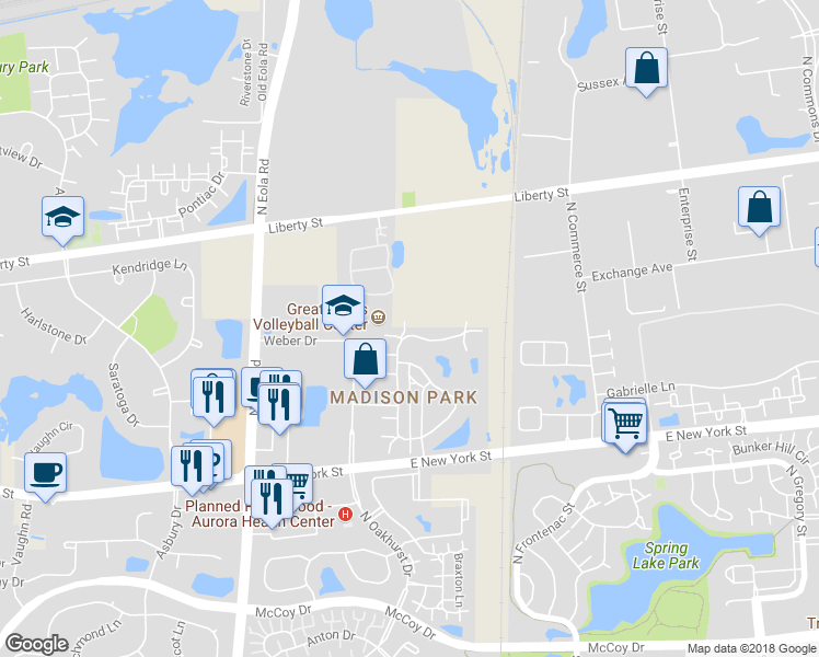 map of restaurants, bars, coffee shops, grocery stores, and more near 580 Conservatory Lane in Aurora