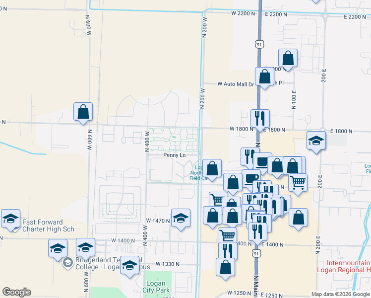 map of restaurants, bars, coffee shops, grocery stores, and more near 123 Penhurst Place in Logan