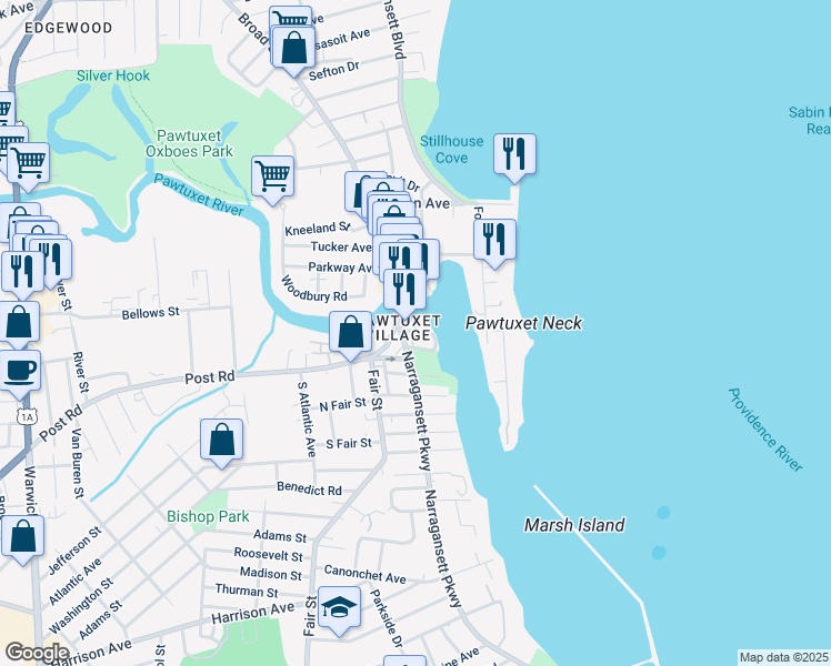 map of restaurants, bars, coffee shops, grocery stores, and more near 10 Peck Lane in Warwick