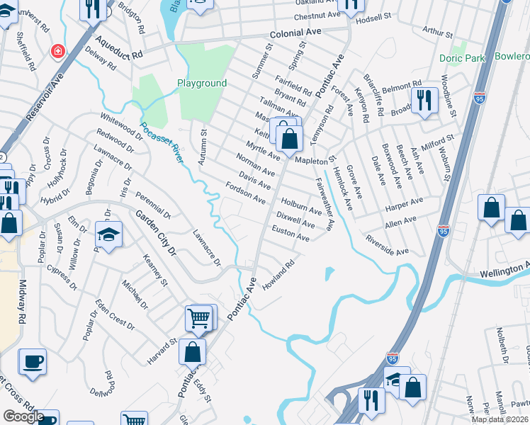 map of restaurants, bars, coffee shops, grocery stores, and more near 3 Euston Avenue in Cranston