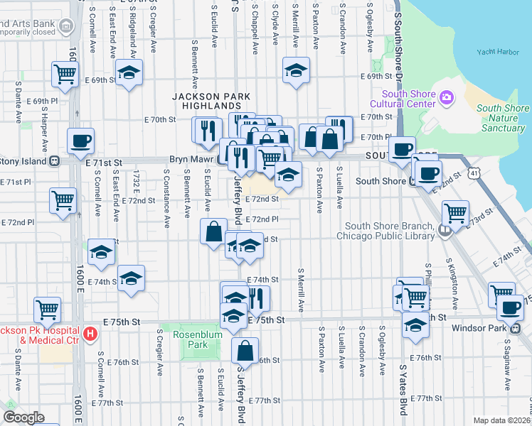 map of restaurants, bars, coffee shops, grocery stores, and more near 2043 East 72nd Place in Chicago