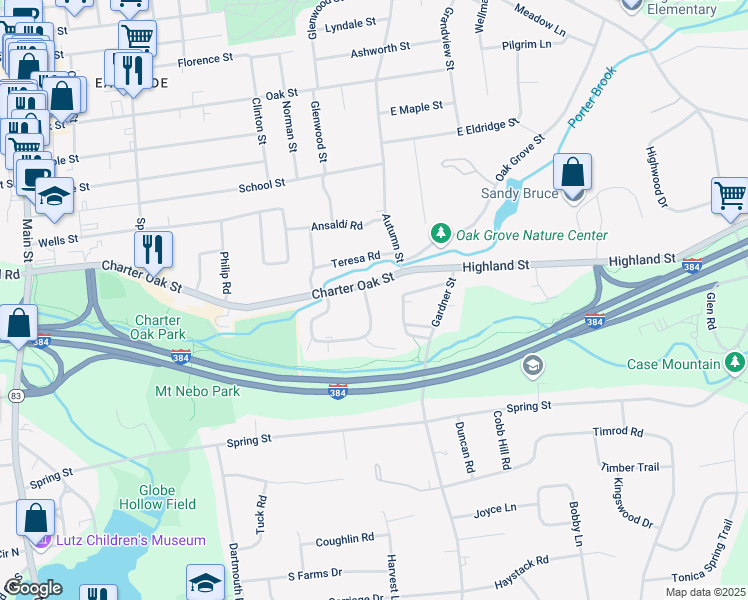 map of restaurants, bars, coffee shops, grocery stores, and more near 137 Sycamore Lane in Manchester