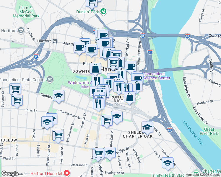 map of restaurants, bars, coffee shops, grocery stores, and more near 592 Main Street in Hartford
