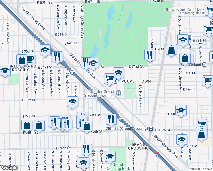 map of restaurants, bars, coffee shops, grocery stores, and more near 7200 South Ingleside Avenue in Chicago