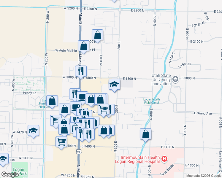 map of restaurants, bars, coffee shops, grocery stores, and more near 1765 North 200 East in Logan