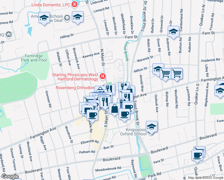 map of restaurants, bars, coffee shops, grocery stores, and more near 12 North Main Street in West Hartford
