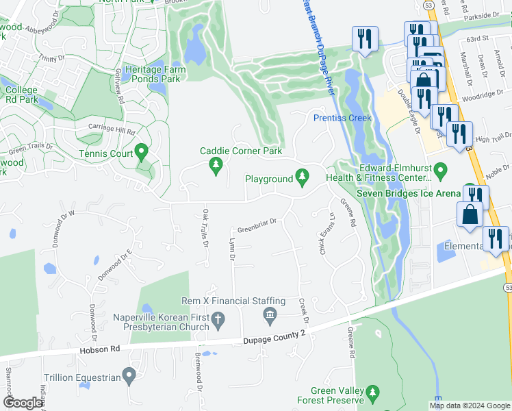 map of restaurants, bars, coffee shops, grocery stores, and more near 23W439 Green Trails Drive in Naperville