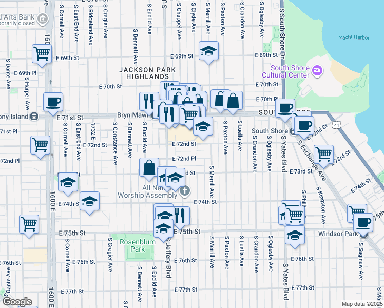 map of restaurants, bars, coffee shops, grocery stores, and more near 2043 East 72nd Place in Chicago