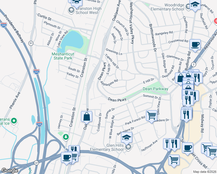 map of restaurants, bars, coffee shops, grocery stores, and more near 152 East Hill Drive in Cranston
