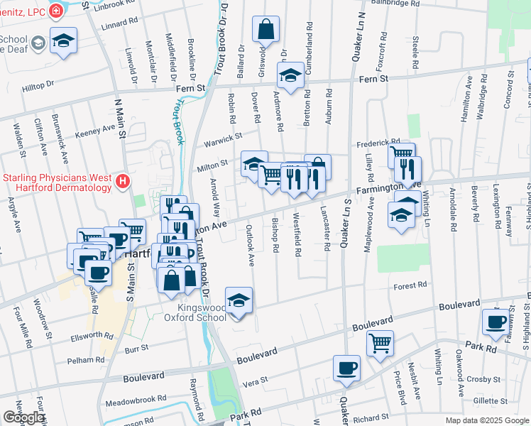 map of restaurants, bars, coffee shops, grocery stores, and more near Farmington Avenue & Dover Road in West Hartford