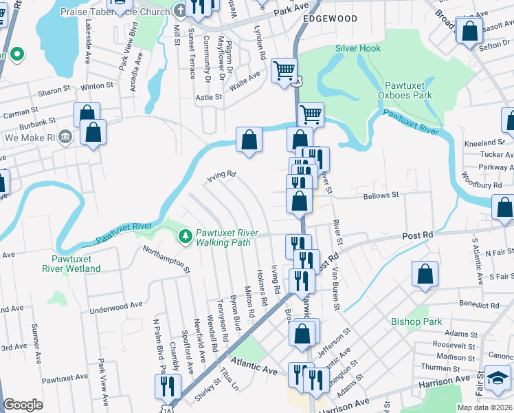 map of restaurants, bars, coffee shops, grocery stores, and more near 99 Irving Road in Warwick