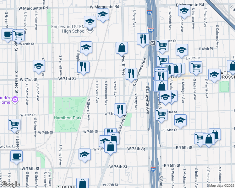 map of restaurants, bars, coffee shops, grocery stores, and more near 7128 South Wentworth Avenue in Chicago