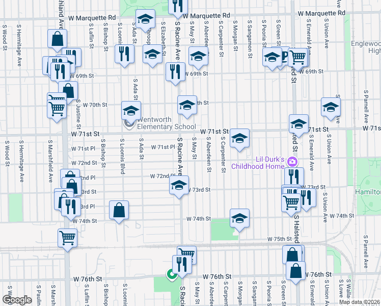map of restaurants, bars, coffee shops, grocery stores, and more near 7115 South May Street in Chicago