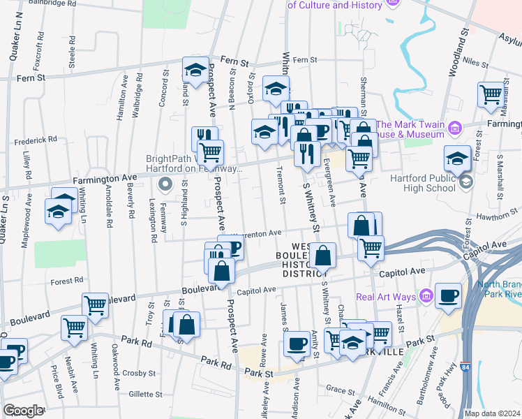 map of restaurants, bars, coffee shops, grocery stores, and more near 39 Oxford Street in Hartford