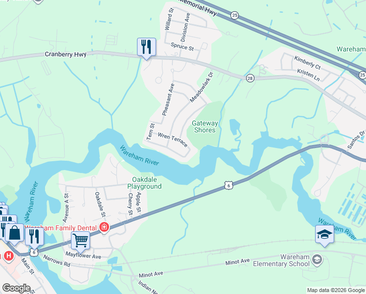 map of restaurants, bars, coffee shops, grocery stores, and more near 21 Mallard Road in Wareham