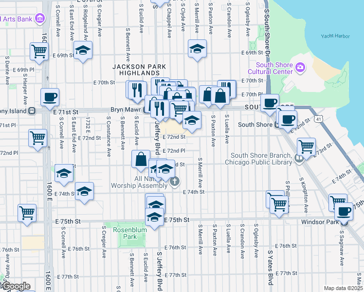 map of restaurants, bars, coffee shops, grocery stores, and more near 2041 East 72nd Street in Chicago