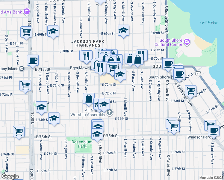 map of restaurants, bars, coffee shops, grocery stores, and more near 2041 East 72nd Street in Chicago