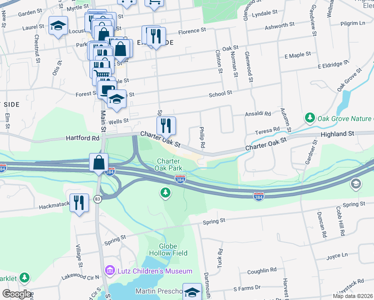 map of restaurants, bars, coffee shops, grocery stores, and more near 160 Charter Oak Street in Manchester