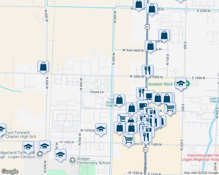 map of restaurants, bars, coffee shops, grocery stores, and more near 99 Penhurst Place in Logan