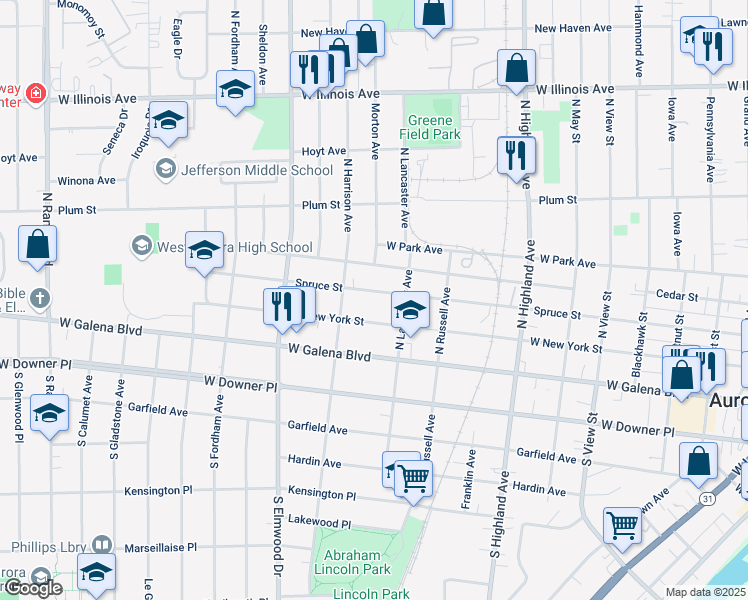 map of restaurants, bars, coffee shops, grocery stores, and more near 812 Charles Street in Aurora