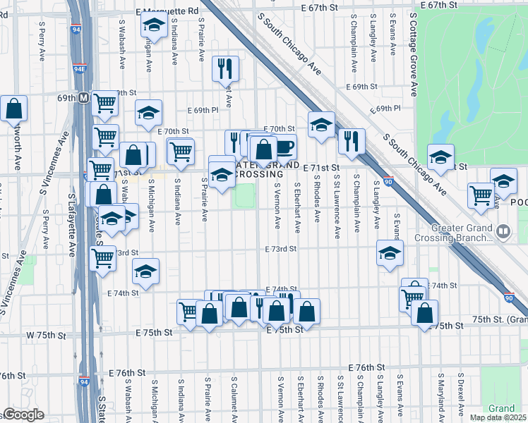 map of restaurants, bars, coffee shops, grocery stores, and more near 7141 South King Drive in Chicago