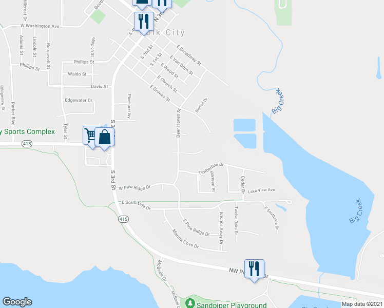 map of restaurants, bars, coffee shops, grocery stores, and more near Whispering Pine Avenue in Polk City