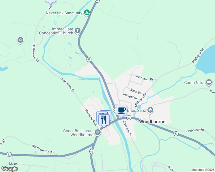 map of restaurants, bars, coffee shops, grocery stores, and more near 6228 New York 42 in Woodbourne