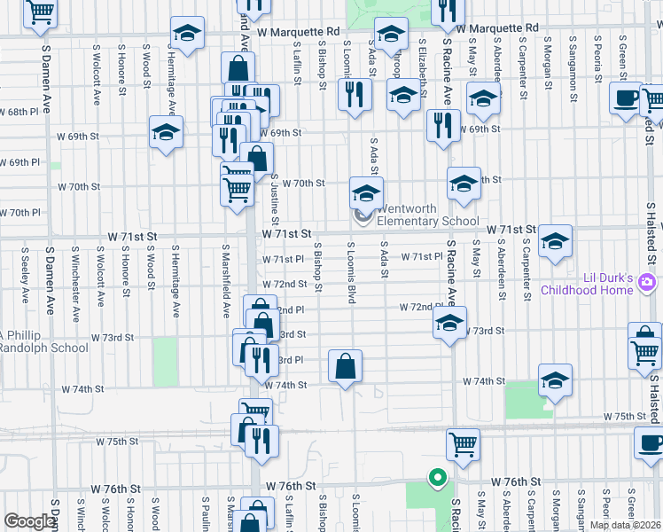 map of restaurants, bars, coffee shops, grocery stores, and more near 1425 West 71st Street in Chicago