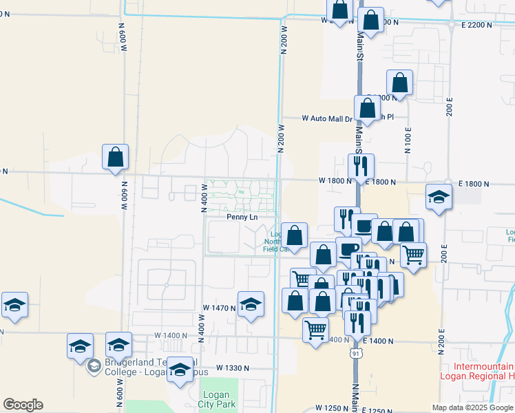 map of restaurants, bars, coffee shops, grocery stores, and more near 73 Hampton Place in Logan