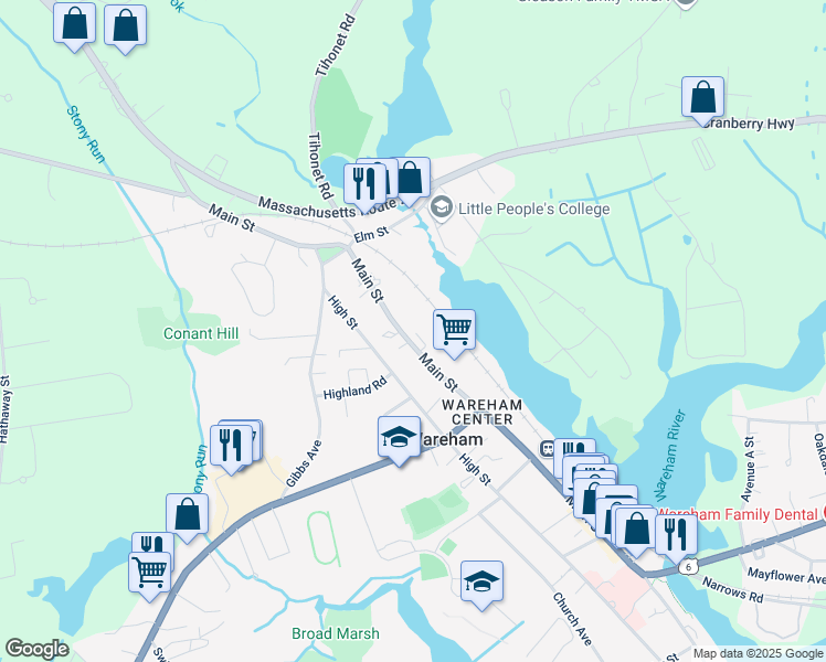 map of restaurants, bars, coffee shops, grocery stores, and more near 451 Main Street in Wareham