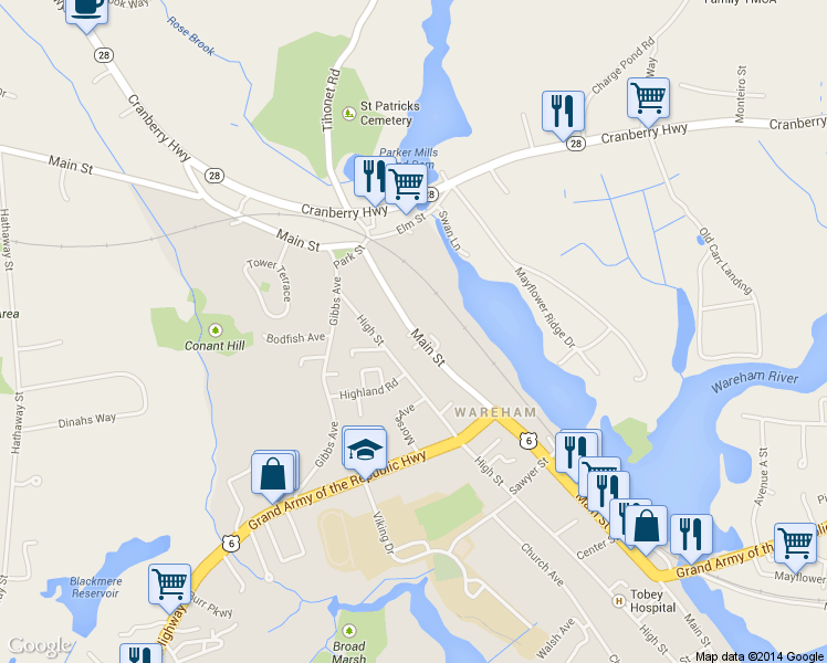 map of restaurants, bars, coffee shops, grocery stores, and more near 446 Main Street in Wareham