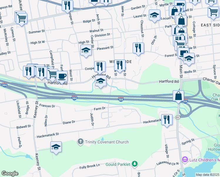 map of restaurants, bars, coffee shops, grocery stores, and more near 218 Hartford Road in Manchester