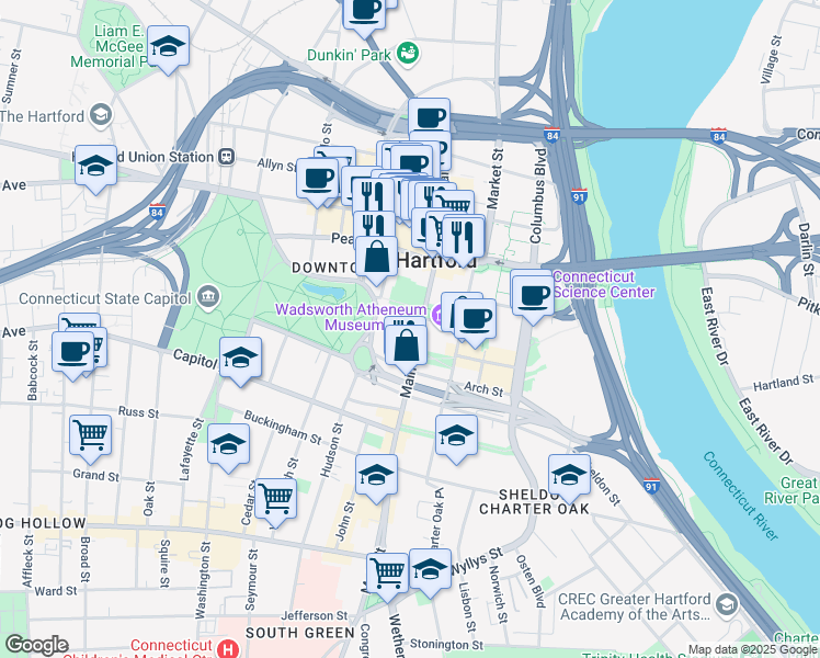 map of restaurants, bars, coffee shops, grocery stores, and more near 59 Gold Street in Hartford
