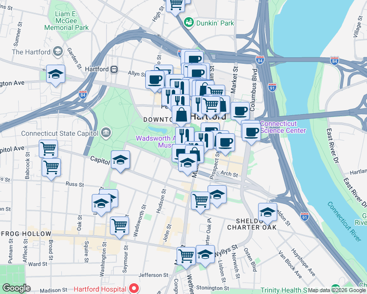 map of restaurants, bars, coffee shops, grocery stores, and more near 59 Gold Street in Hartford