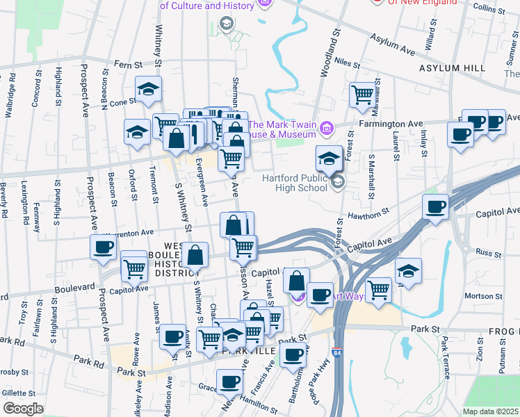 map of restaurants, bars, coffee shops, grocery stores, and more near 170 Sisson Avenue in Hartford