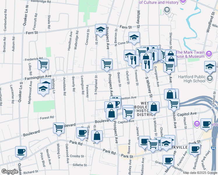 map of restaurants, bars, coffee shops, grocery stores, and more near 570 Prospect Avenue in Hartford
