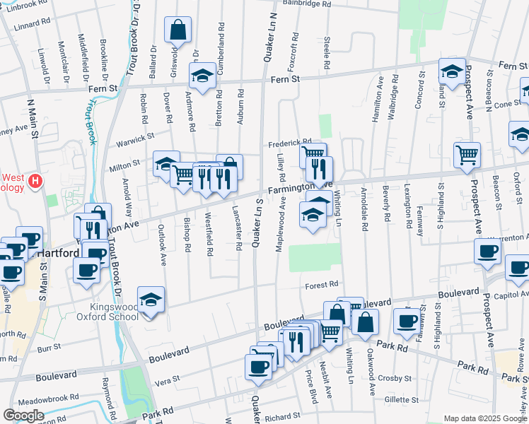 map of restaurants, bars, coffee shops, grocery stores, and more near in West Hartford