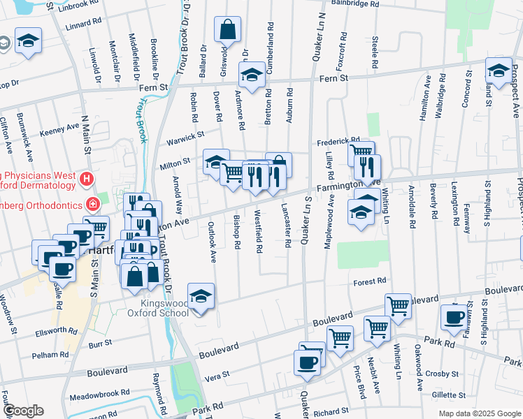 map of restaurants, bars, coffee shops, grocery stores, and more near 842 Farmington Avenue in West Hartford