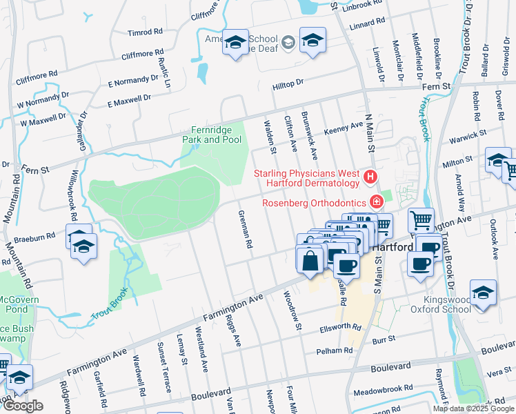 map of restaurants, bars, coffee shops, grocery stores, and more near 166 Whitman Avenue in West Hartford
