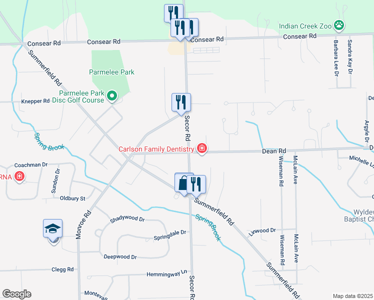 map of restaurants, bars, coffee shops, grocery stores, and more near 8207 Secor Road in Lambertville