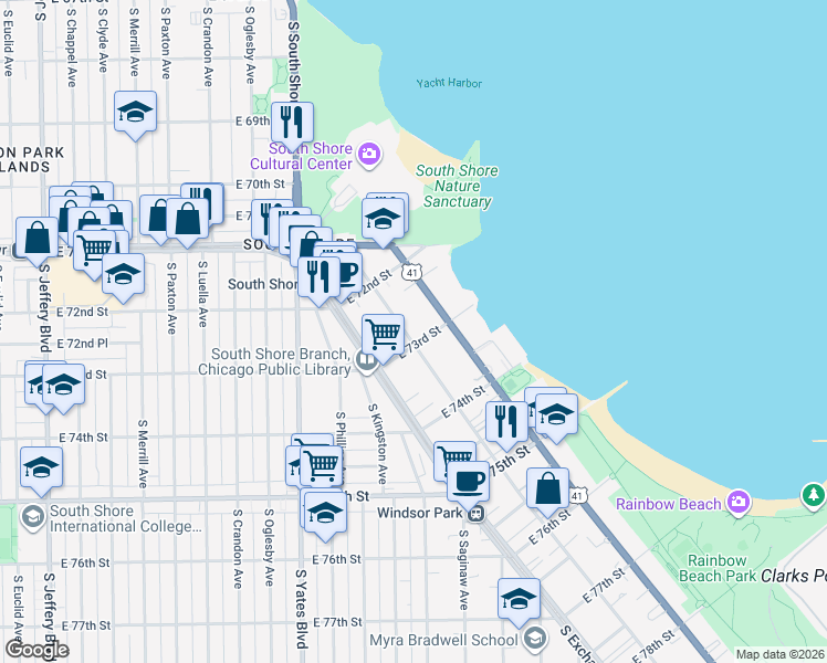 map of restaurants, bars, coffee shops, grocery stores, and more near 7233 South Coles Avenue in Chicago