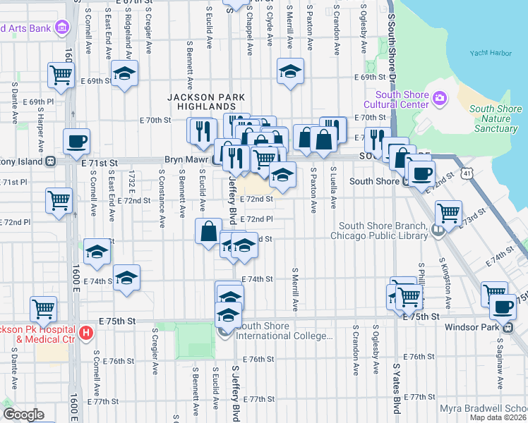 map of restaurants, bars, coffee shops, grocery stores, and more near 2041 East 72nd Street in Chicago