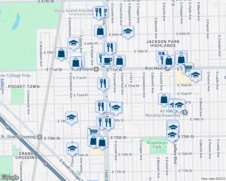 map of restaurants, bars, coffee shops, grocery stores, and more near 7152 South Cornell Avenue in Chicago