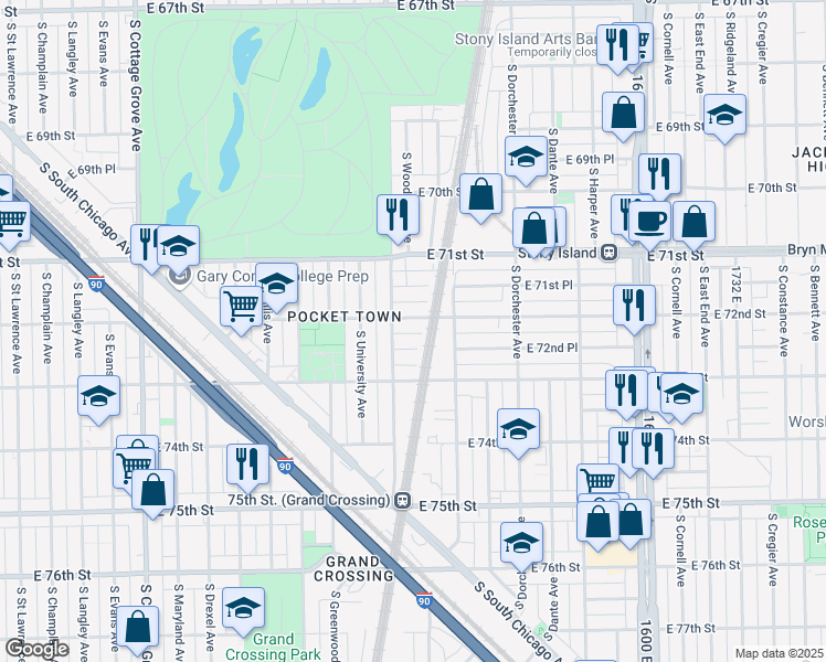 map of restaurants, bars, coffee shops, grocery stores, and more near 7147 South Woodlawn Avenue in Chicago