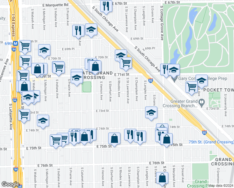 map of restaurants, bars, coffee shops, grocery stores, and more near 7140 South Rhodes Avenue in Chicago