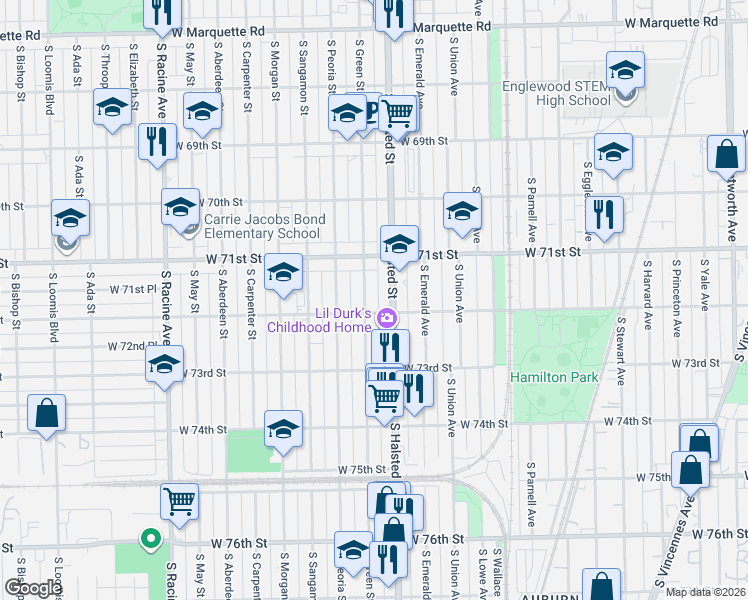 map of restaurants, bars, coffee shops, grocery stores, and more near 7117 South Green Street in Chicago