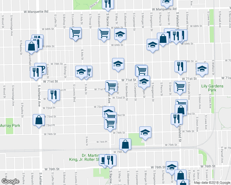 map of restaurants, bars, coffee shops, grocery stores, and more near 7115 South May Street in Chicago