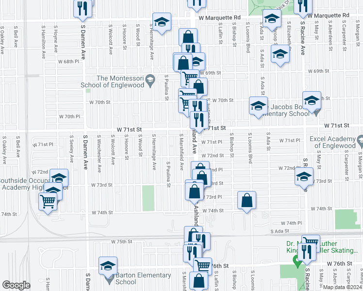 map of restaurants, bars, coffee shops, grocery stores, and more near 7115 South Marshfield Avenue in Chicago